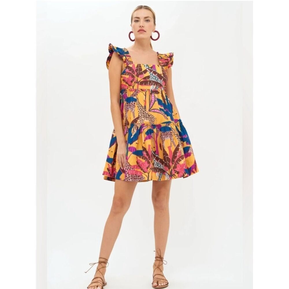 Oliphant Smocked Square Neck Mini Dress in Kruger Saffron Giraffe Print,